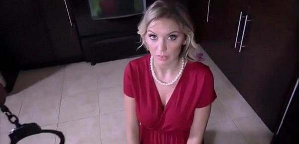  Blonde stepmoms hands are tied and she is ready to suck